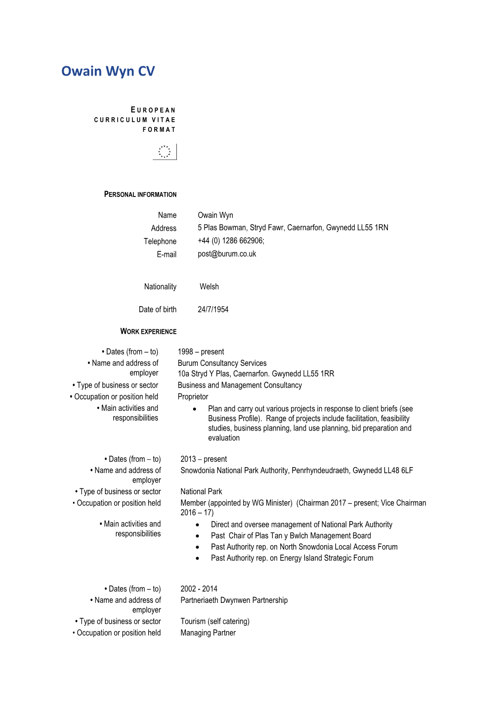 Owain Wyn CV