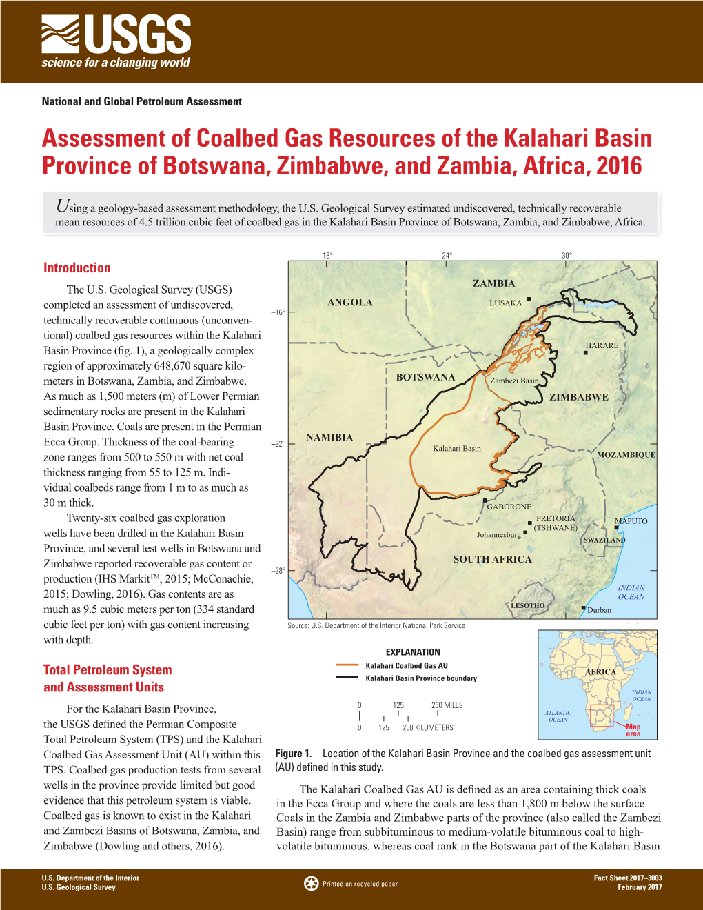 Assessment of Coalbed Gas Resources of the Kalahari Basin Province of Botswana, Zimbabwe, and Zambia, Africa, 2016