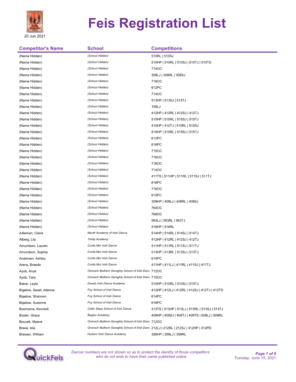 Feis Registration List