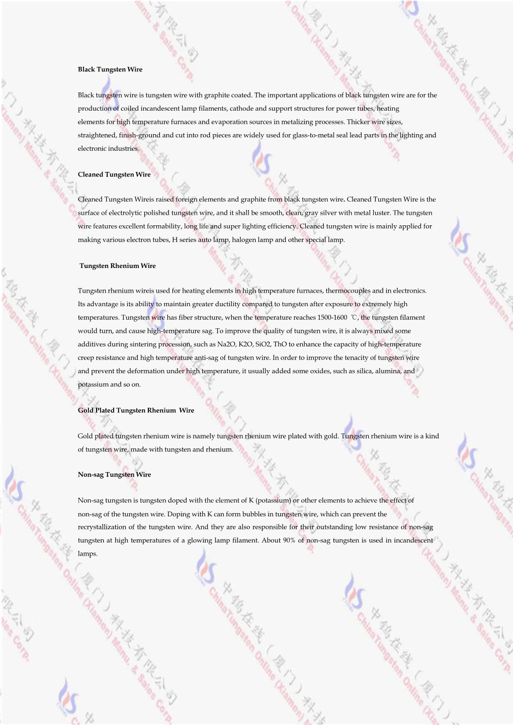 1.Catalog of Tungsten Wire