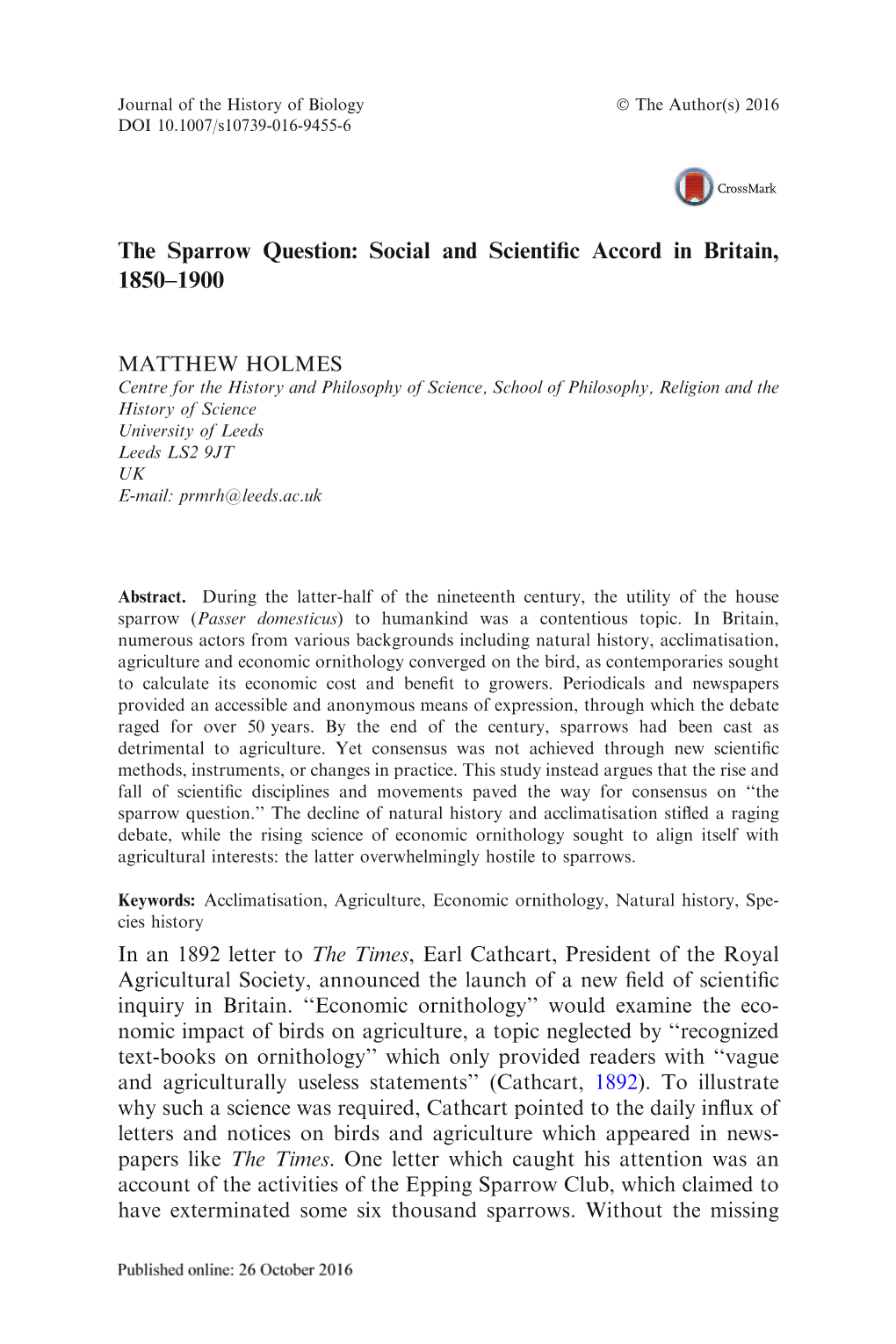 The Sparrow Question: Social and Scientific Accord in Britain, 1850–1900
