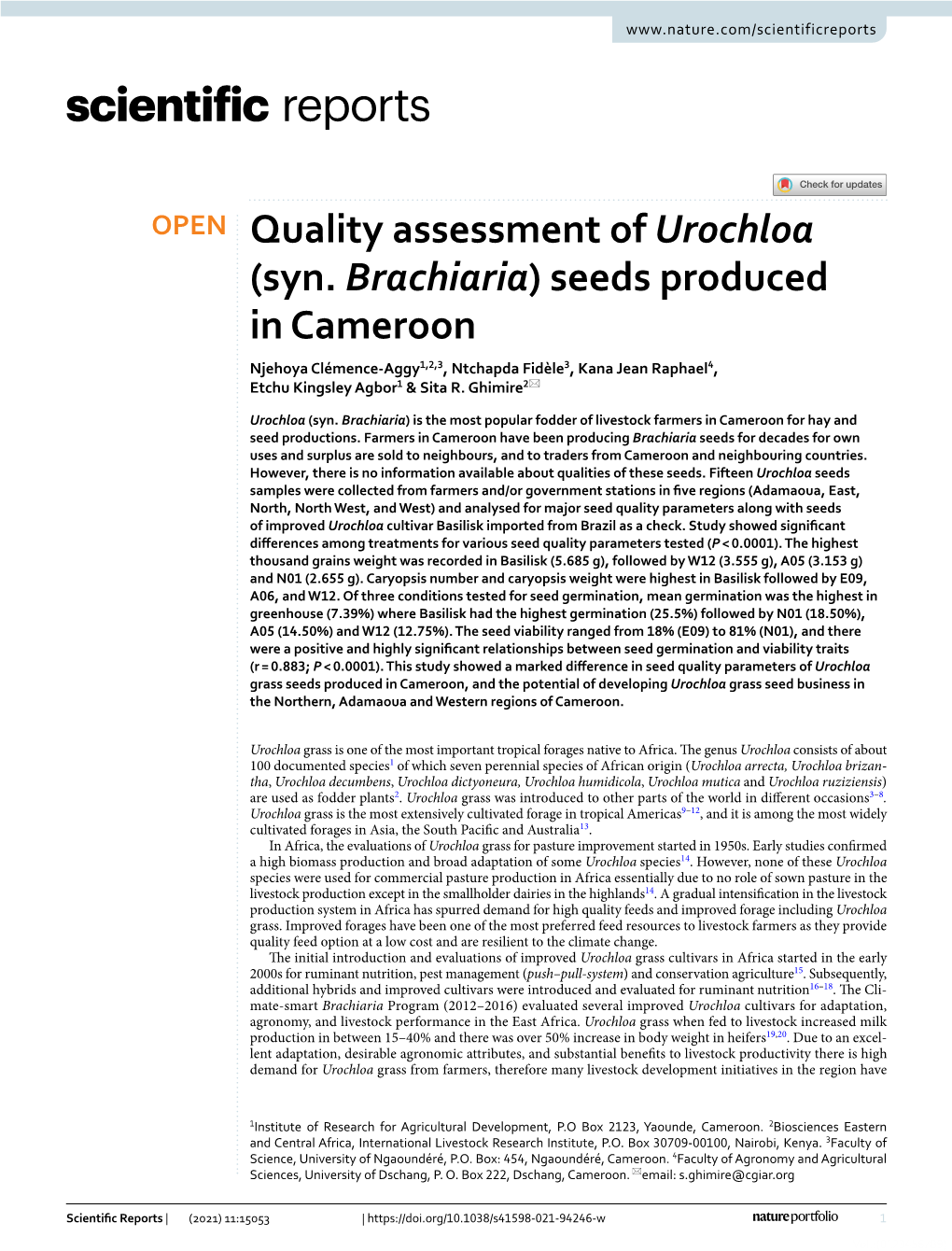 Quality Assessment of Urochloa (Syn. Brachiaria) Seeds Produced In