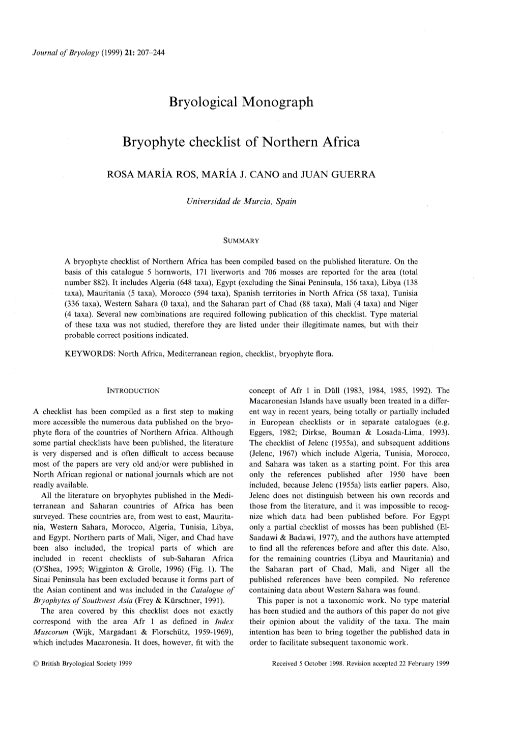Bryologicalmonograph Bryophyte Checklist of Northern Africa