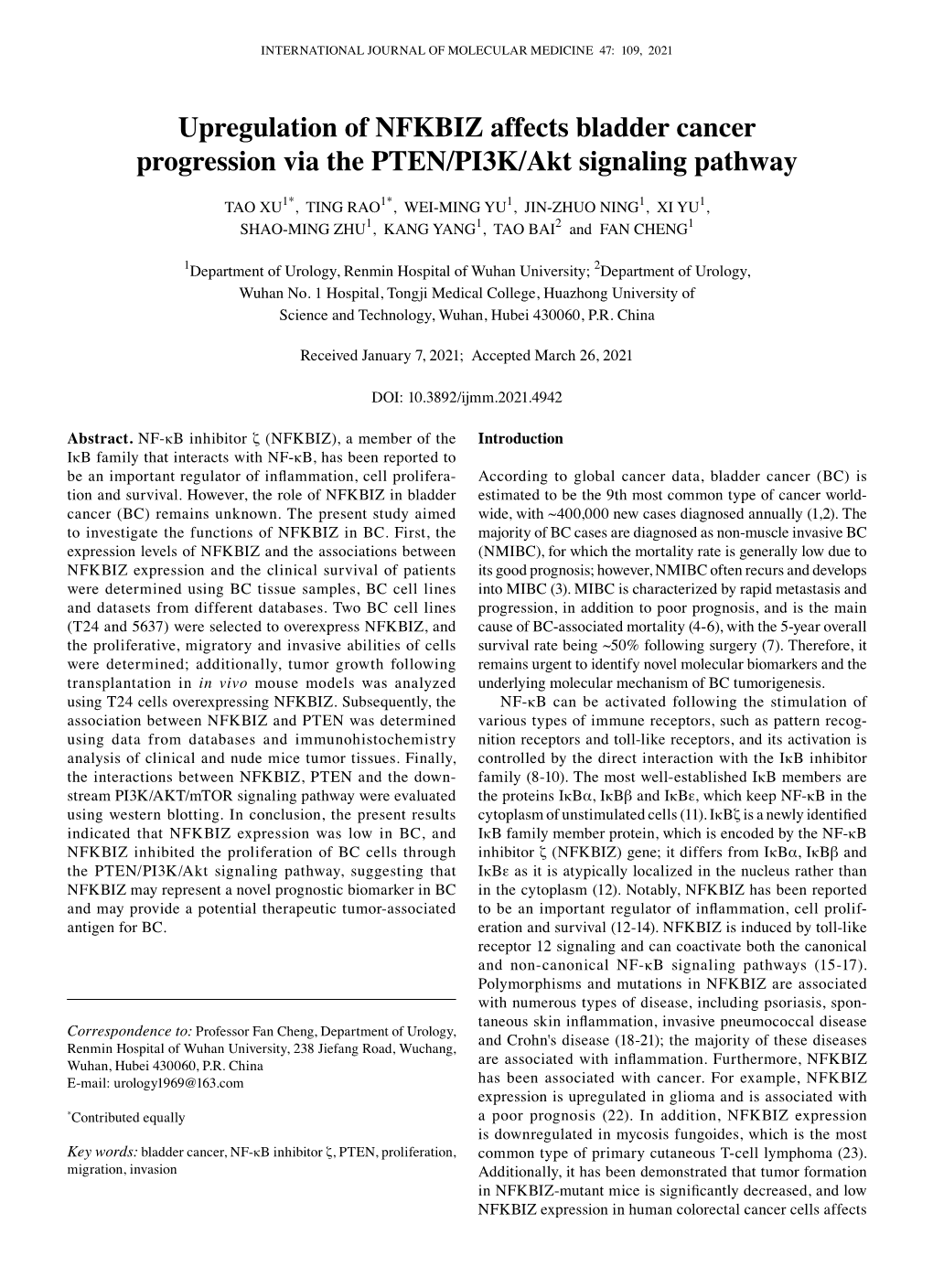 Upregulation of NFKBIZ Affects Bladder Cancer Progression Via the PTEN/PI3K/Akt Signaling Pathway