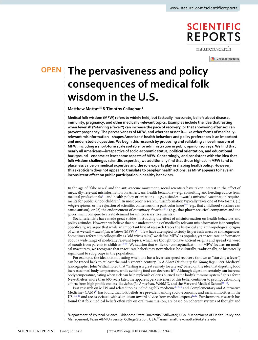 The Pervasiveness and Policy Consequences of Medical Folk Wisdom in the U.S