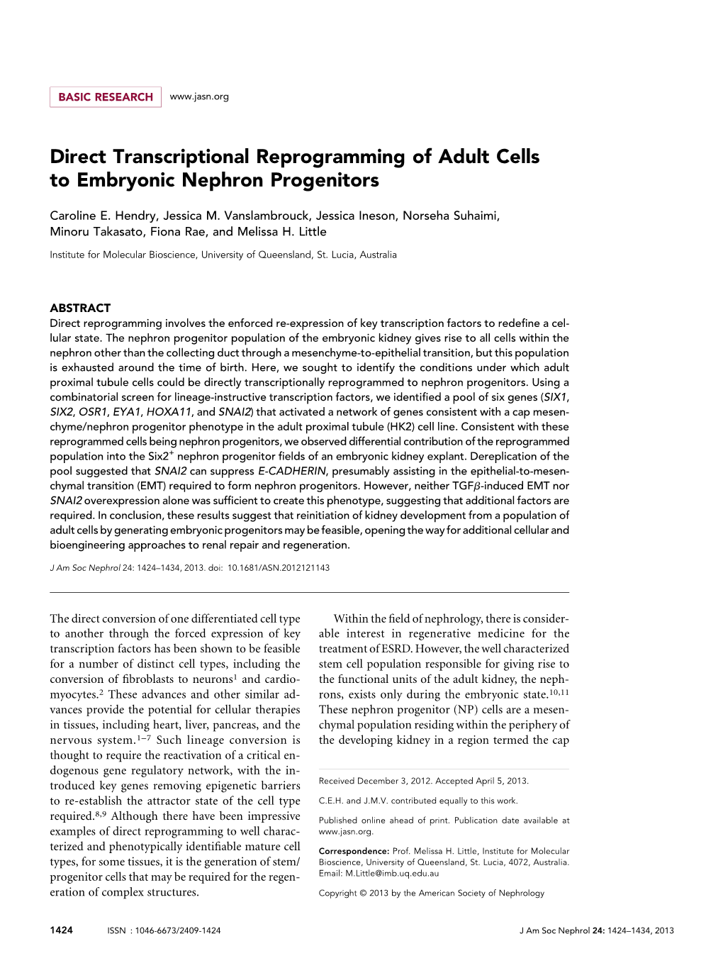 Direct Transcriptional Reprogramming of Adult Cells to Embryonic Nephron Progenitors