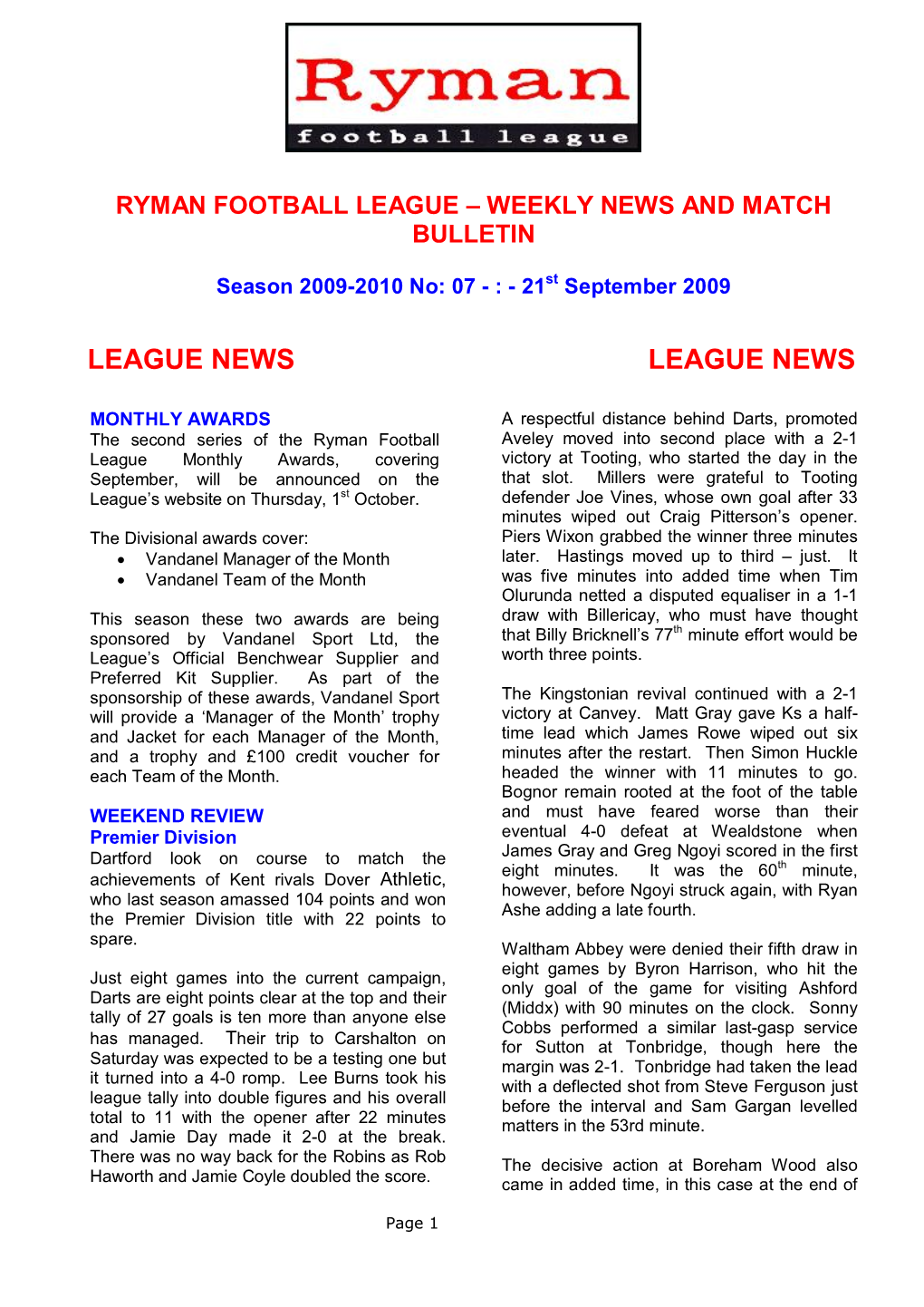 Ryman Football Leagueа–Аweekly News and Match