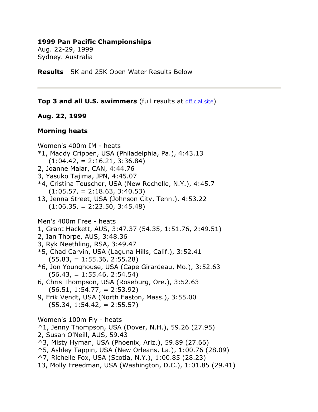 1999 Pan Pacific Championships Results