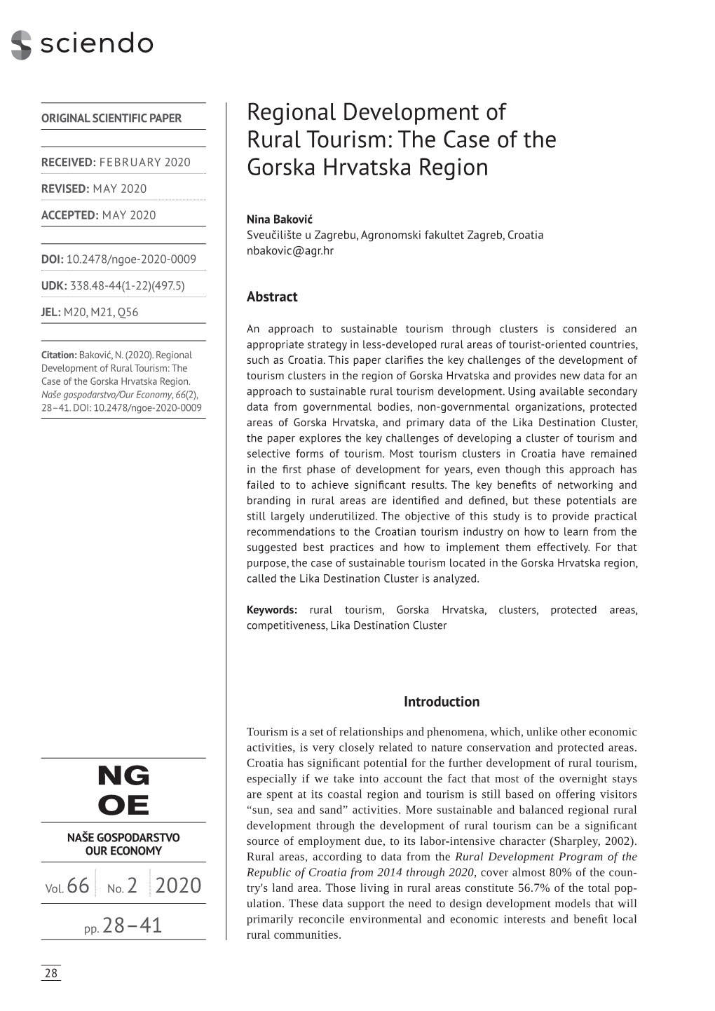 Regional Development of Rural Tourism: the Case of the RECEIVED: FEBRUARY 2020 Gorska Hrvatska Region REVISED: MAY 2020