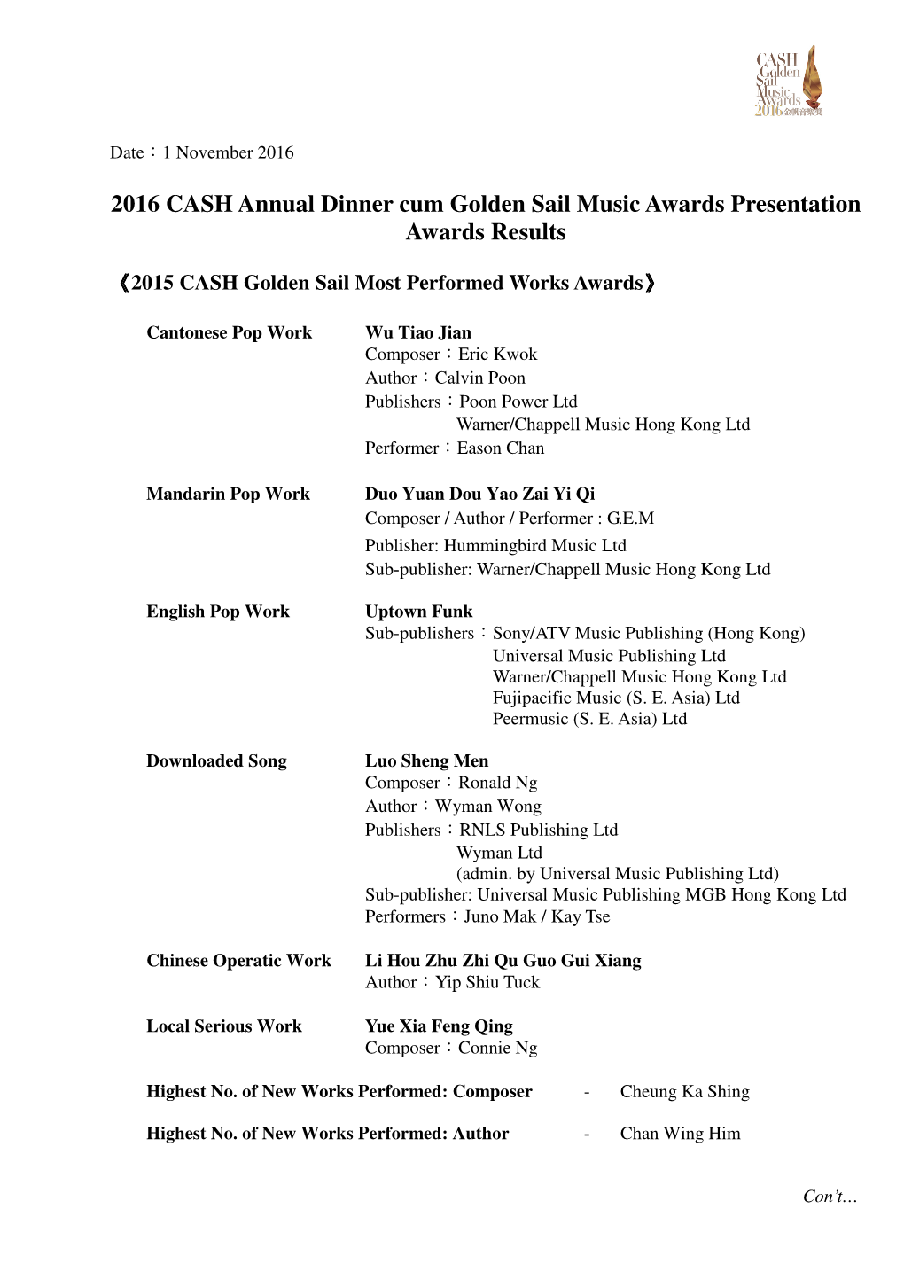 2016 CASH Annual Dinner Cum Golden Sail Music Awards Presentation Awards Results