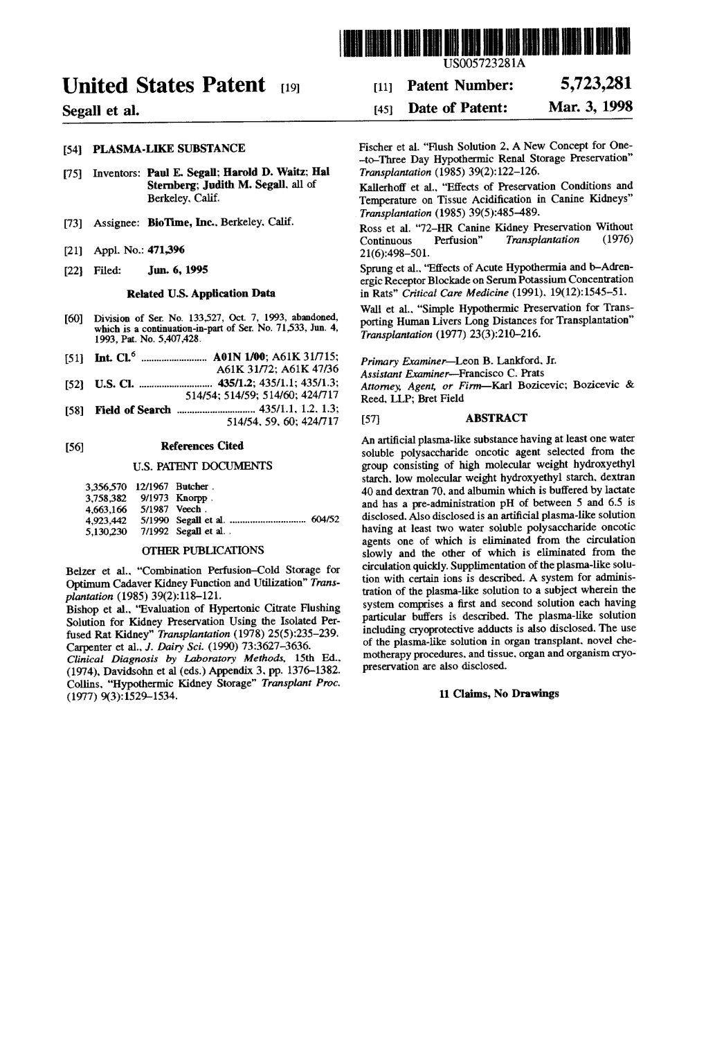 United States Patent (19) 11 Patent Number: 5,723,281 Segall Et Al