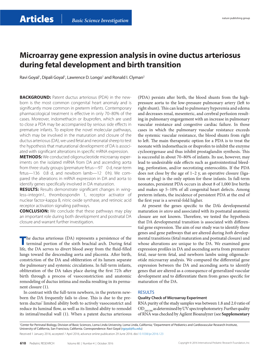 Microarray Gene Expression Analysis in Ovine Ductus Arteriosus During Fetal Development and Birth Transition