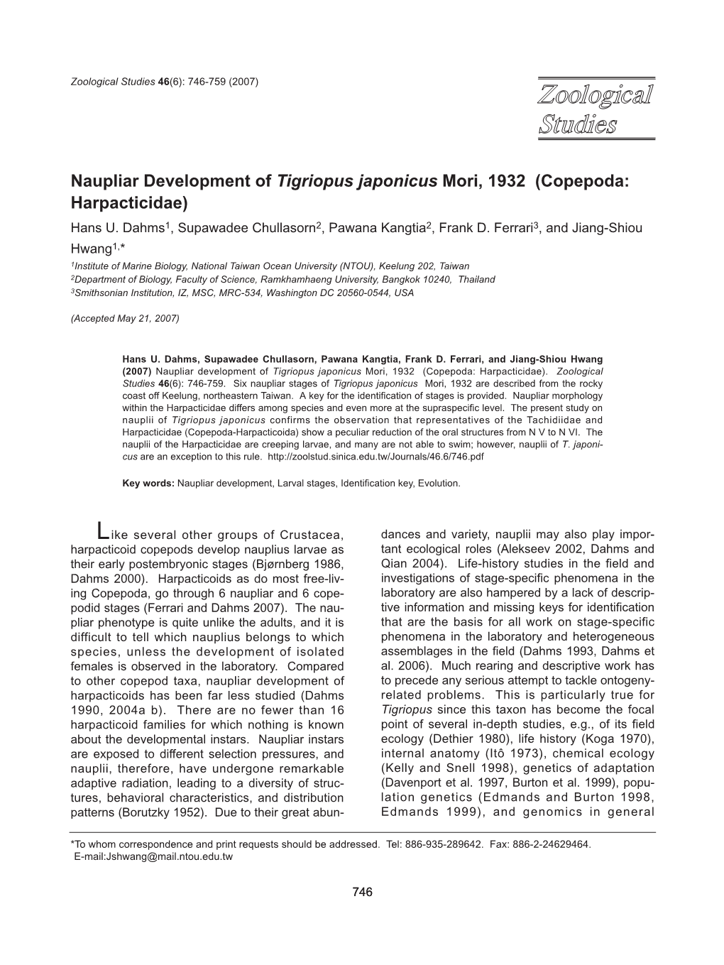 Naupliar Development of Tigriopus Japonicus Mori, 1932 (Copepoda: Harpacticidae) Hans U