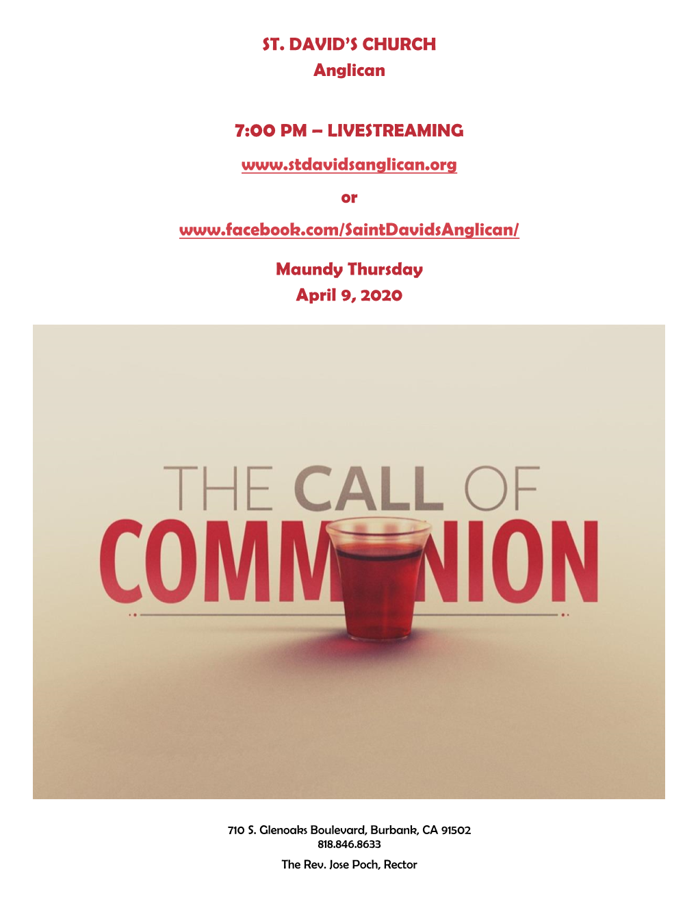 ST. DAVID's CHURCH Anglican 7:00 PM – LIVESTREAMING Www