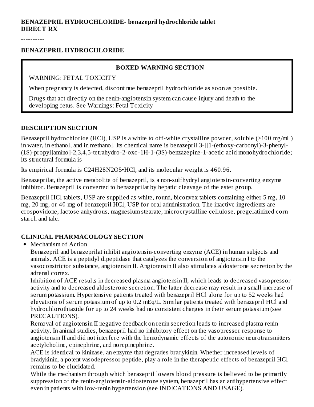 BENAZEPRIL HYDROCHLORIDE- Benazepril Hydrochloride Tablet DIRECT RX ------BENAZEPRIL HYDROCHLORIDE