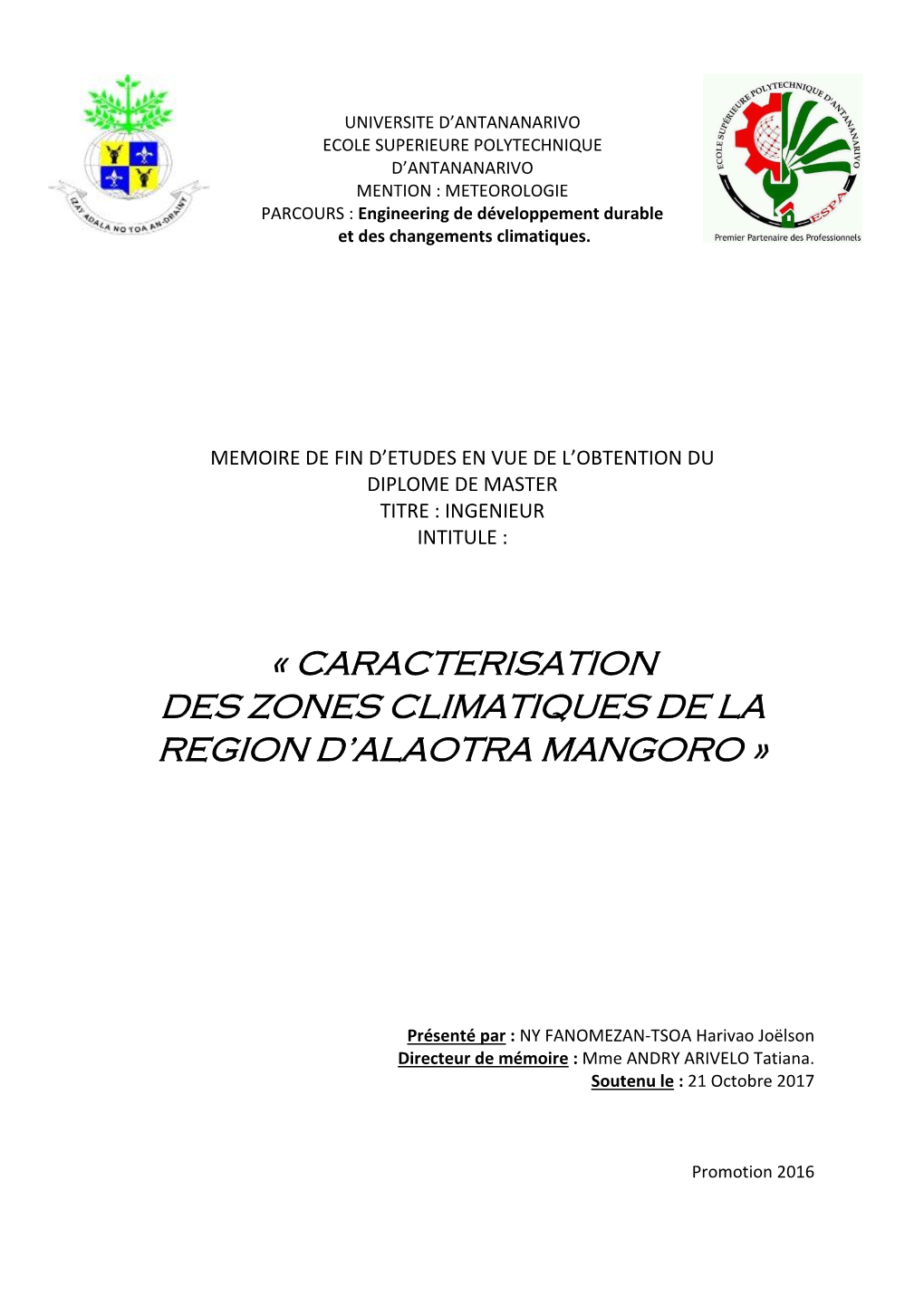 « Caracterisation Des Zones Climatiques De La Region D’Alaotra Mangoro »