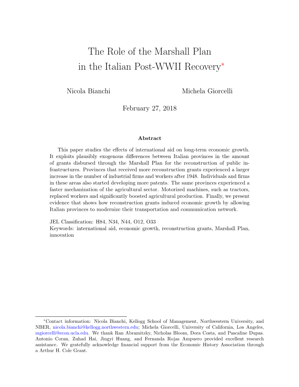 The Role of the Marshall Plan in the Italian Post-WWII Recovery