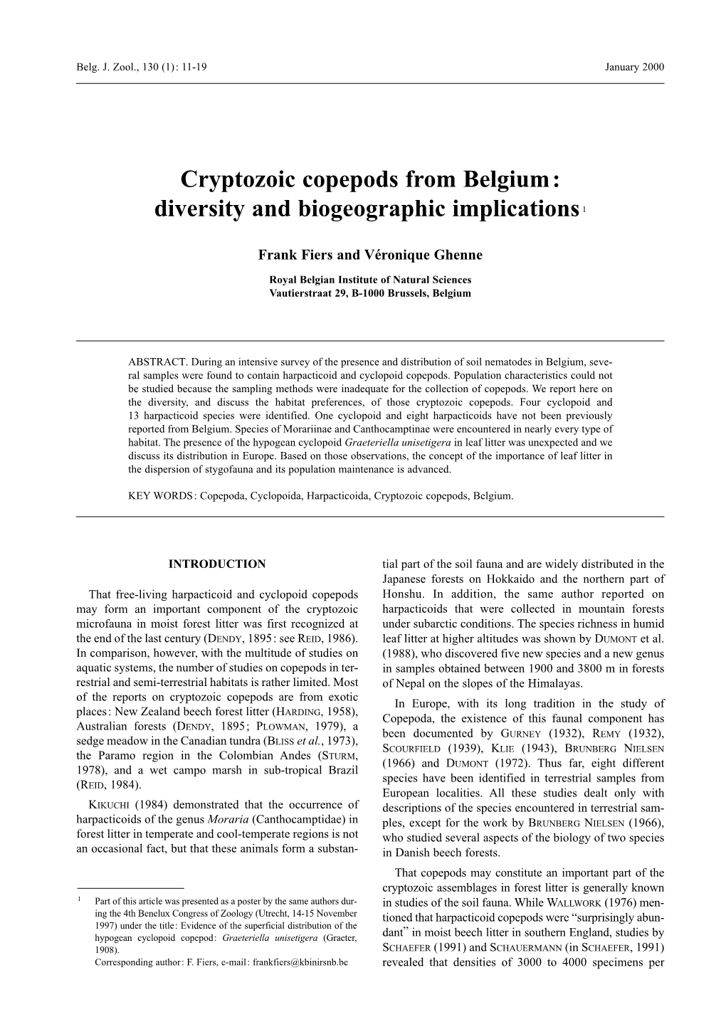 Cryptozoic Copepods from Belgium: Diversity and Biogeographic Implications1