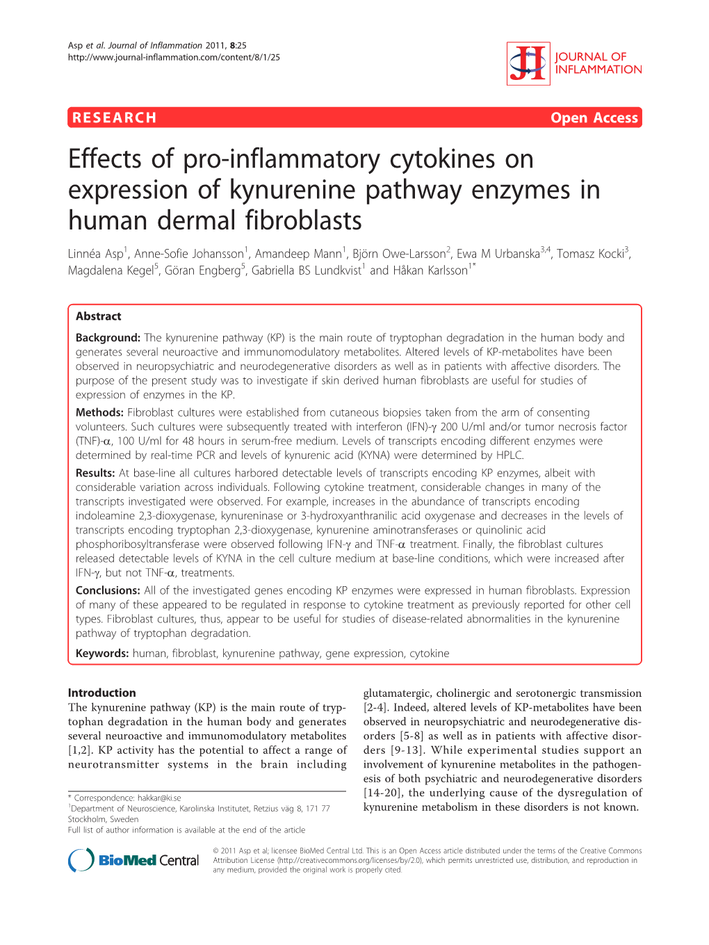 Effects of Pro-Inflammatory Cytokines on Expression of Kynurenine