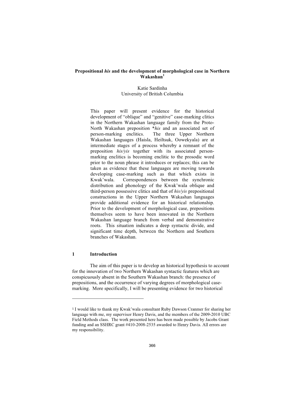 Prepositional His and the Development of Morphological Case in Northern Wakashan1