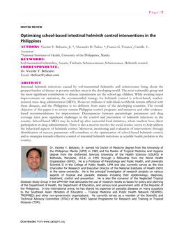 Optimizing School-Based Intestinal Helminth Control Interventions in the Philippines AUTHORS : Vicente Y