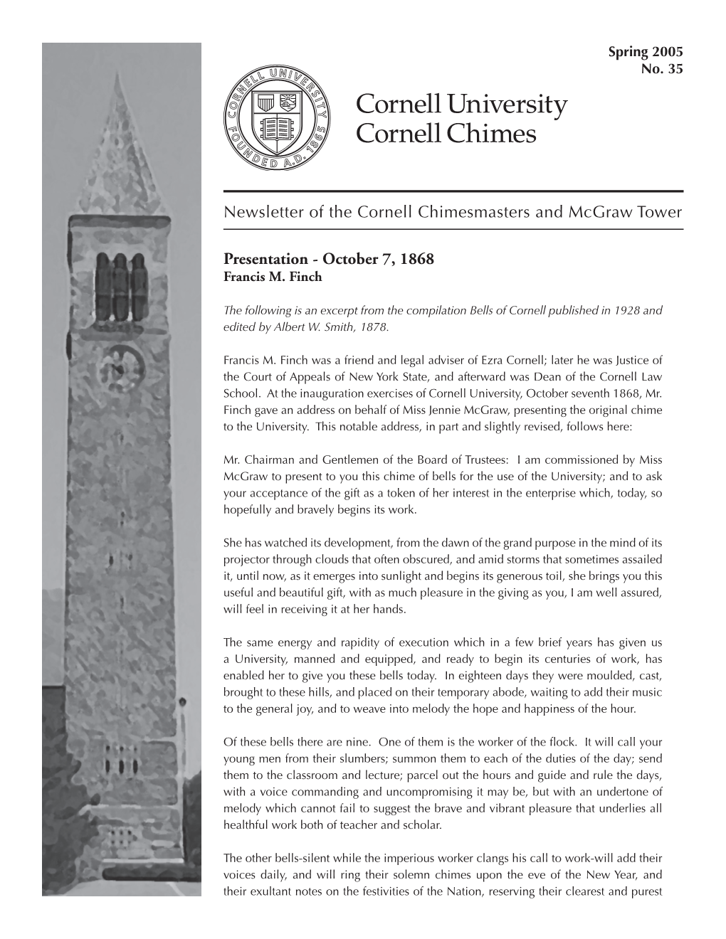 Newsletter of the Cornell Chimesmasters and Mcgraw Tower