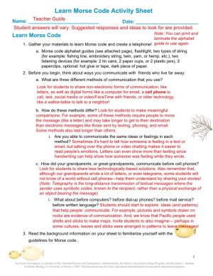 Learn Morse Code Activity Sheet Teacher Guide Name: ______Date: ______Student Answers Will Vary
