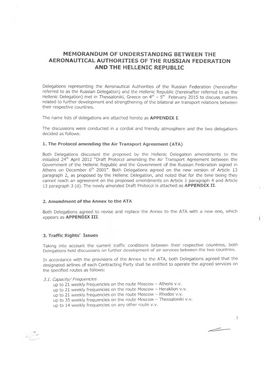 Memorandum of Understanding Between the Aeronautical Authorities of the Russian Federation and the Hellenic Republic