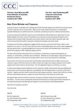 Open Letter to the Prime Minister and Treasurer 30/09/2020
