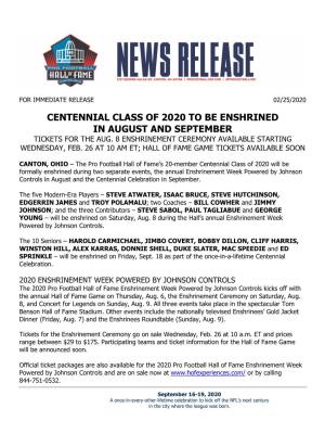 Centennial Class of 2020 to Be Enshrined in August and September Tickets for the Aug