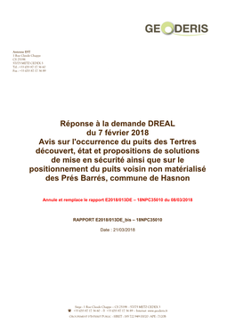 Réponse À La Demande DREAL Du 7 Février 2018. Avis Sur L'occurrence Du Puits Des Tertres Découvert, État Et Proposition