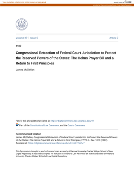 Congressional Retraction of Federal Court Jurisdiction to Protect the Reserved Powers of the States: the Helms Prayer Bill and a Return to First Principles