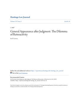 General Appearance After Judgment: the Dilemma of Retroactivity Ira H