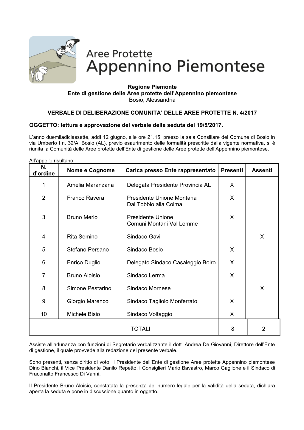 Regione Piemonte Ente Di Gestione Delle Aree Protette Dell’Appennino Piemontese Bosio, Alessandria