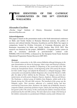 He Identities of the Catholic Communities in the 18Th Century T Wallachia