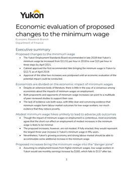 Economic Evaluation of Proposed Changes to the Minimum Wage Economic Research Branch Department of Finance