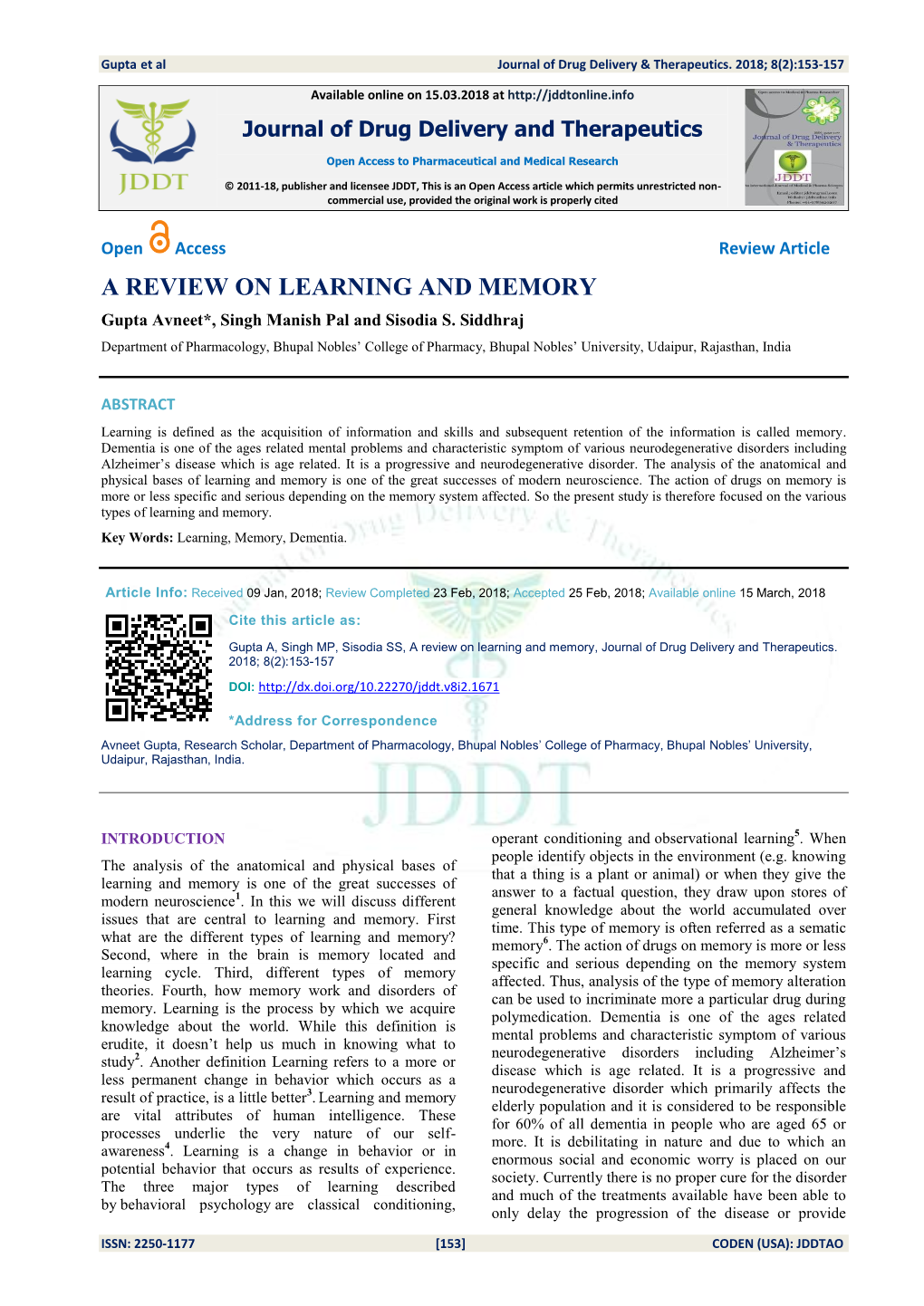 A REVIEW on LEARNING and MEMORY Gupta Avneet*, Singh Manish Pal and Sisodia S