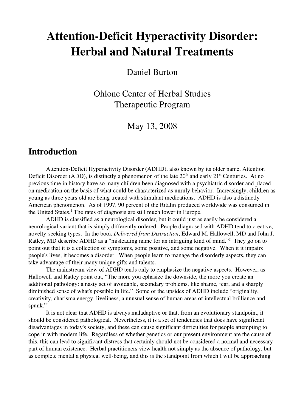 Attention Deficit Hyperactivity Disorder: Herbal and Natural Treatments
