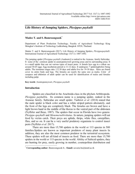 Life History of Jumping Spiders, Plexippuspaykulli. International Journal of Agricultural Technology 13(7.1): 1087-1092