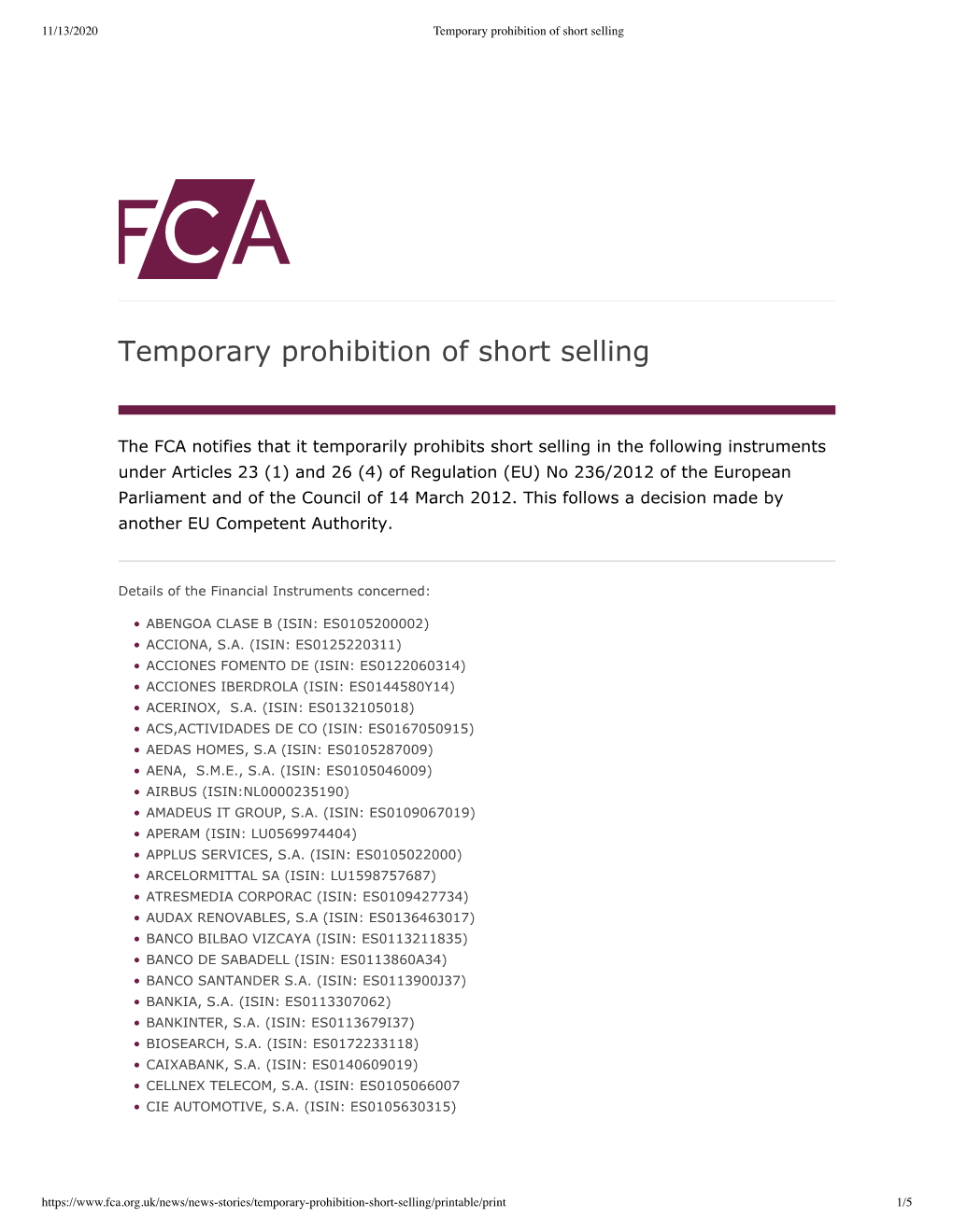 Temporary Prohibition of Short Selling
