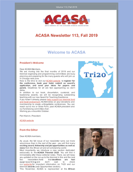 ACASA Newsletter 113, Fall 2019 Welcome to ACASA
