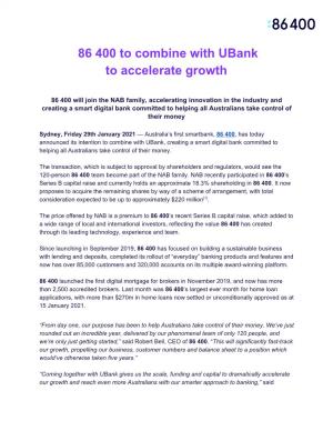 ​86 400 to Combine with Ubank to Accelerate Growth