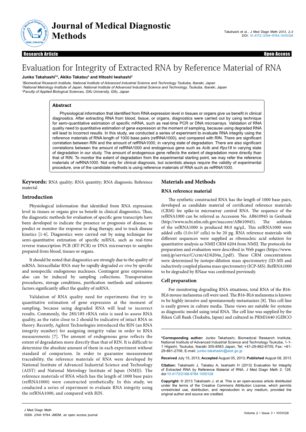 Evaluation for Integrity of Extracted RNA by Reference Material Of