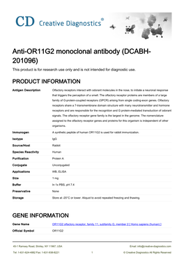 Anti-OR11G2 Monoclonal Antibody (DCABH- 201096) This Product Is for Research Use Only and Is Not Intended for Diagnostic Use