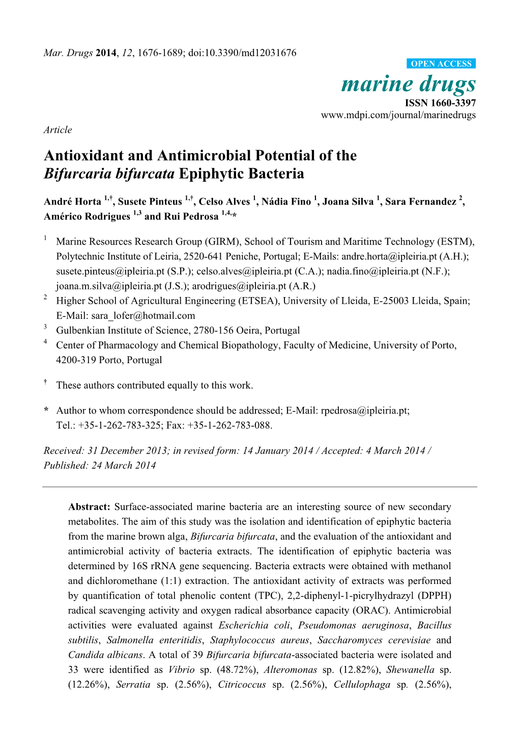 Antioxidant and Antimicrobial Potential of the Bifurcaria Bifurcata Epiphytic Bacteria