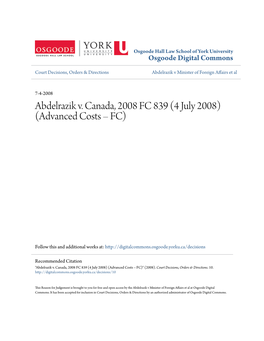 Abdelrazik V. Canada, 2008 FC 839 (4 July 2008) (Advanced Costs – FC)