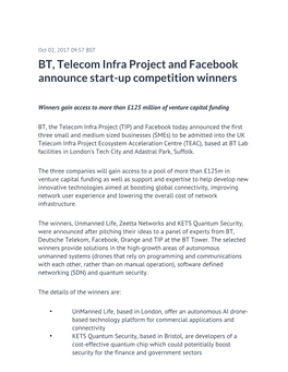 BT, Telecom Infra Project and Facebook Announce Start-Up Competition Winners