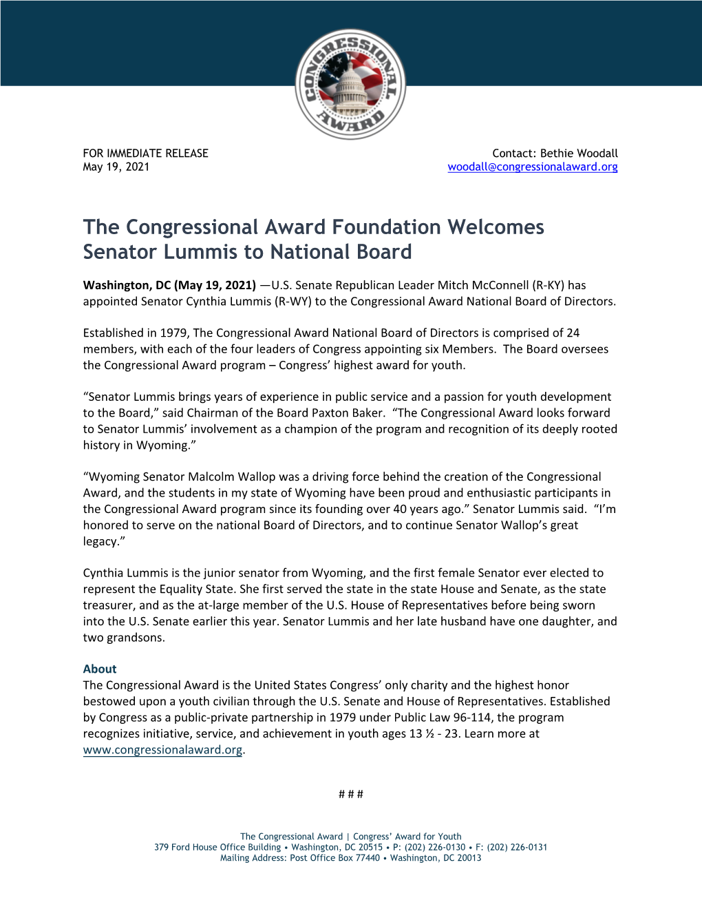 The Congressional Award Foundation Welcomes Senator Lummis to National Board