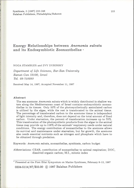 Energy Relationships Between Anemonia Sulcata and Its Endosymbiotic Zooxanthellae *