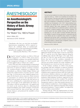 An Anesthesiologist's Perspective on the History of Basic Airway Management